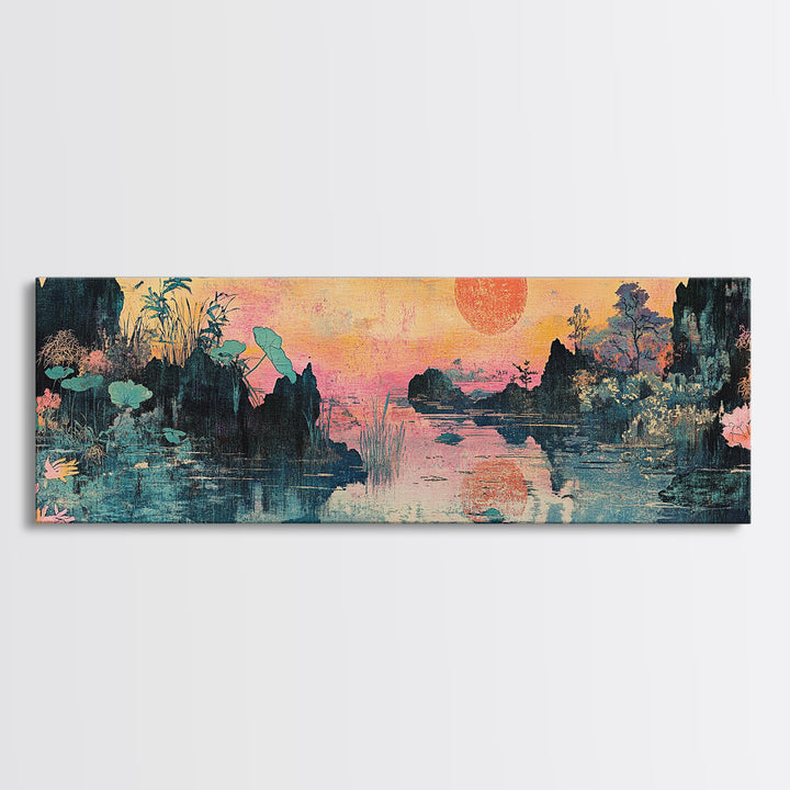 Lotus Lake Sunset With Red Sun And Mountains Wall Art, Japanese Landscape Canvas Print, Japandi Decor, Panoramic Wall Decor