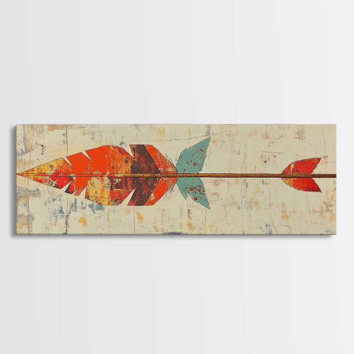 Rustic Painted Arrow With Red Feathers Wall Art, Southwestern Canvas Print, Boho Western Decor, Long Horizontal Art Print