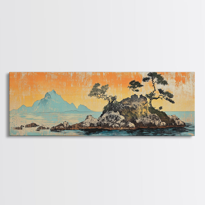 Rocky Island Pines On Calm Sea Wall Art, Japanese Coastal Landscape Canvas Print, Orange Sunset Decor, Wide Panoramic Art