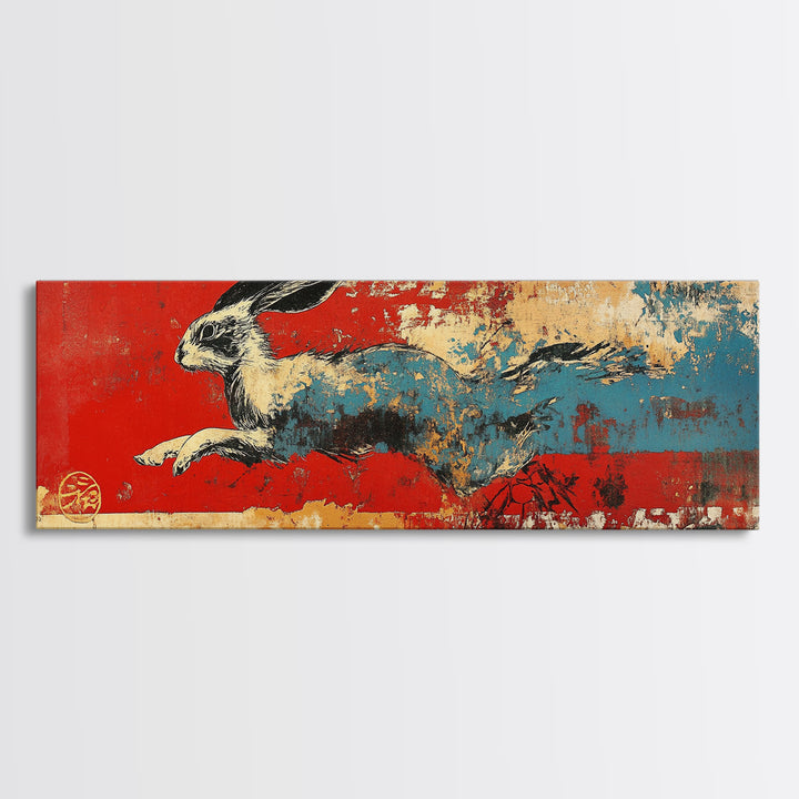 Running Hare Over Red And Blue Brushstrokes Wall Art, Japanese Rabbit Canvas Print, Whimsical Animal Decor, Bold Wall Decor