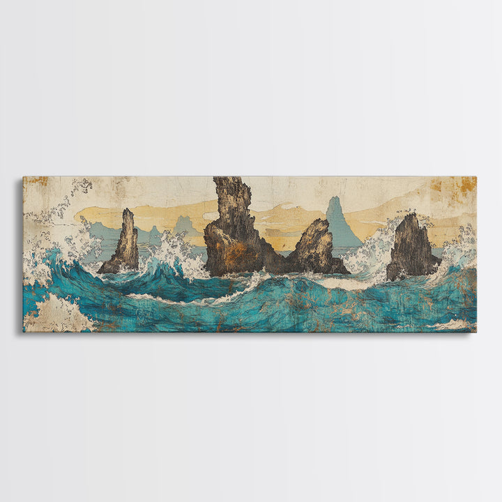 Jagged Sea Stacks In Turquoise Waves Wall Art, Large Panoramic Coastal Seascape Canvas Print, Nautical Decor, Moody Landscape Art