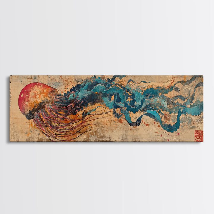 Abstract Jellyfish With Red Sun And Blue Waves Wall Art, Japanese Ocean Canvas Print, Marine Life Decor, Statement Artwork