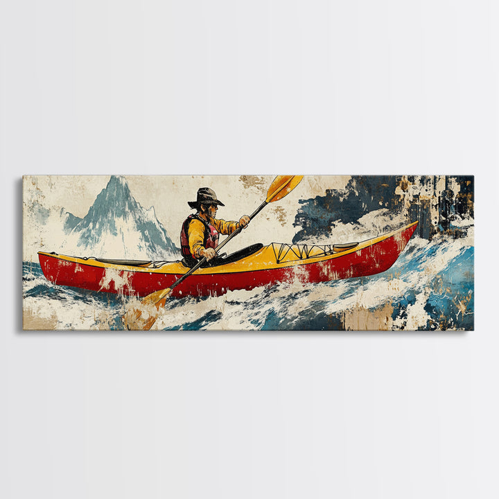 Red Canoe Kayaker In Whitewater Mountains Wall Art, Adventure Landscape Canvas Print, Lake House Decor, Cabin Wall Decor