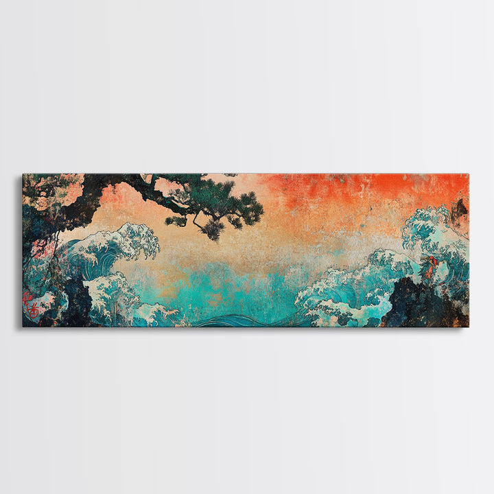 Stormy Teal Ocean Waves And Pine Branch Wall Art, Japanese Seascape Canvas Print, Coastal Decor, Long Horizontal Art, Living Room Decor