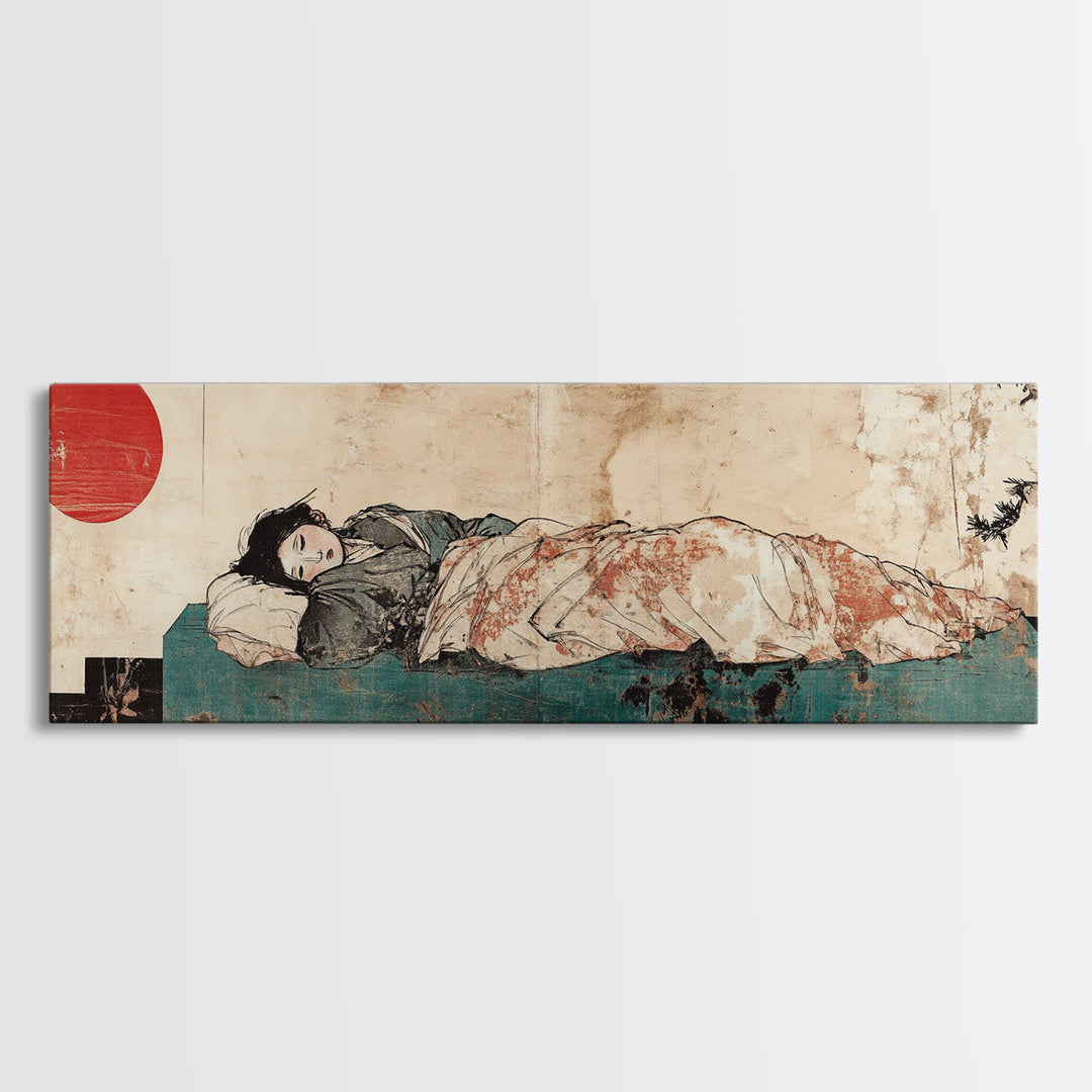 Sleeping Woman Under Floral Quilt Canvas Print, Japanese Bedroom Wall Art, Red Sun Decor, Serene Minimalist Art, Japandi Home Decor