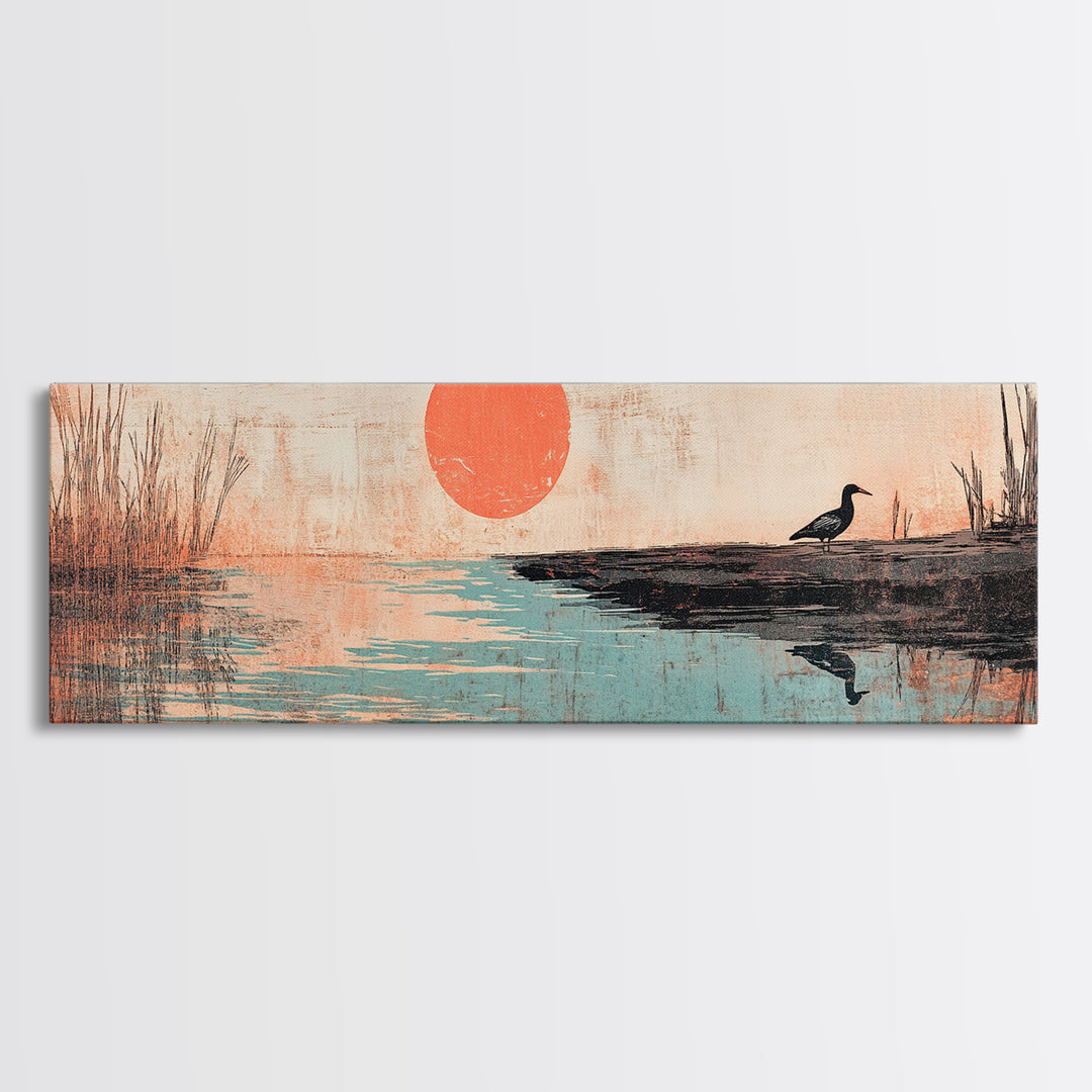 Red Sun Over Still Lake And Lone Bird Wall Art, Japanese Landscape Canvas Print, Peaceful Nature Decor, Wide Wall Art, Zen Decor