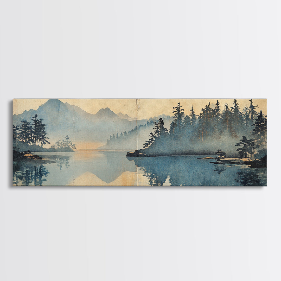 Misty Blue Mountain Lake And Pine Forest Wall Art, Japanese Landscape Canvas Print, Nature Decor, Calming Living Room Art