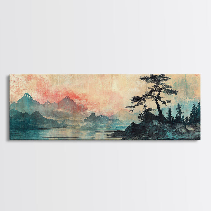 Red Mist Mountains With Lone Pine Wall Art, Japanese Landscape Canvas Print, Moody Nature Decor, Panoramic Living Room Art