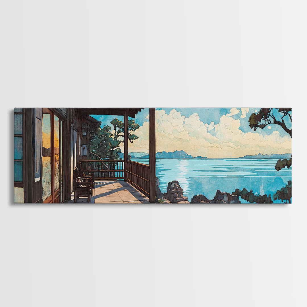 Sunny Japanese Veranda Over Blue Sea Canvas Print, Coastal Wall Art, Beach House Decor, Japandi Living Room Wall Art, Home Decor