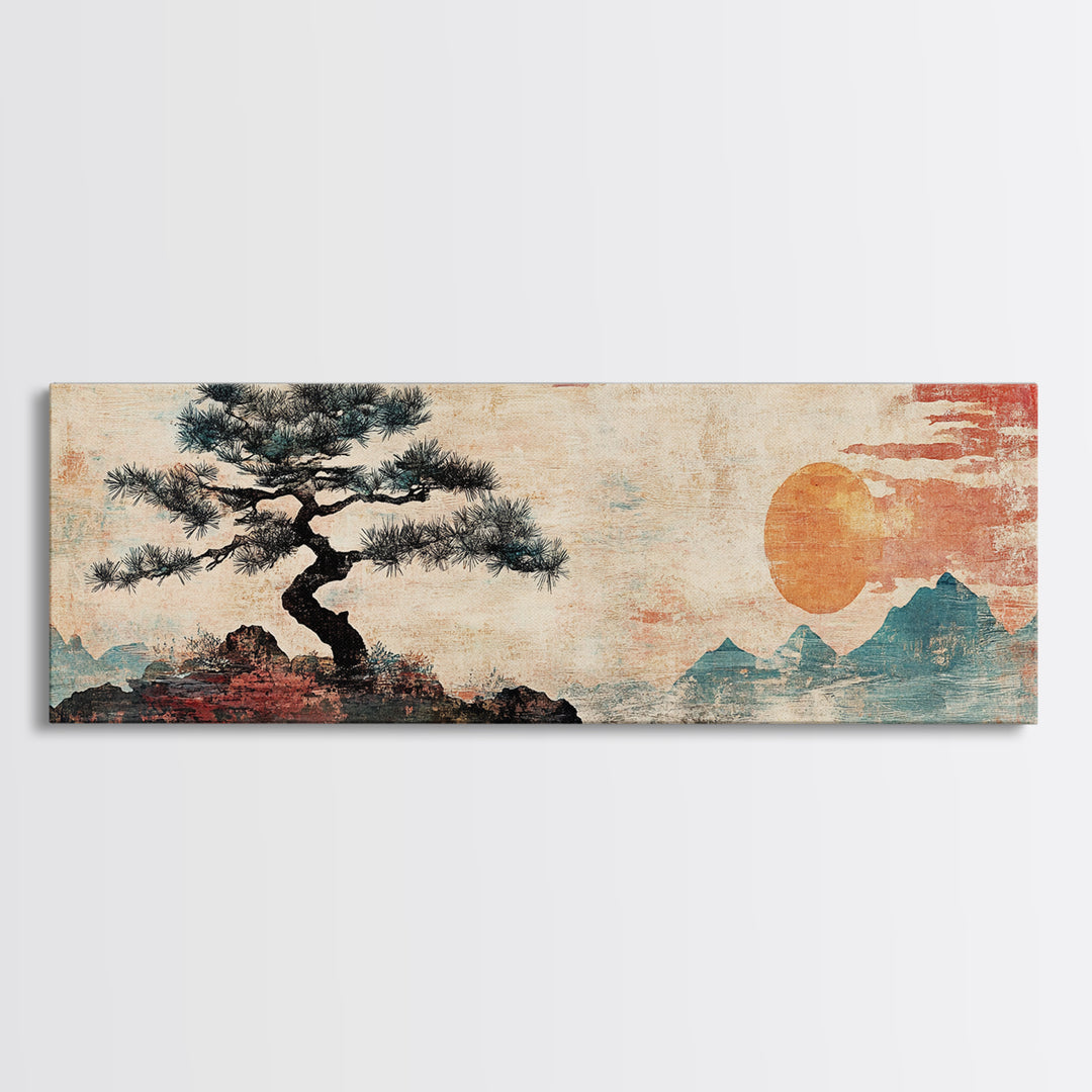 Solitary Pine And Orange Sun Wall Art, Japanese Mountain Landscape Canvas Print, Zen Decor, Minimalist Nature Wall Art, Japandi Decor