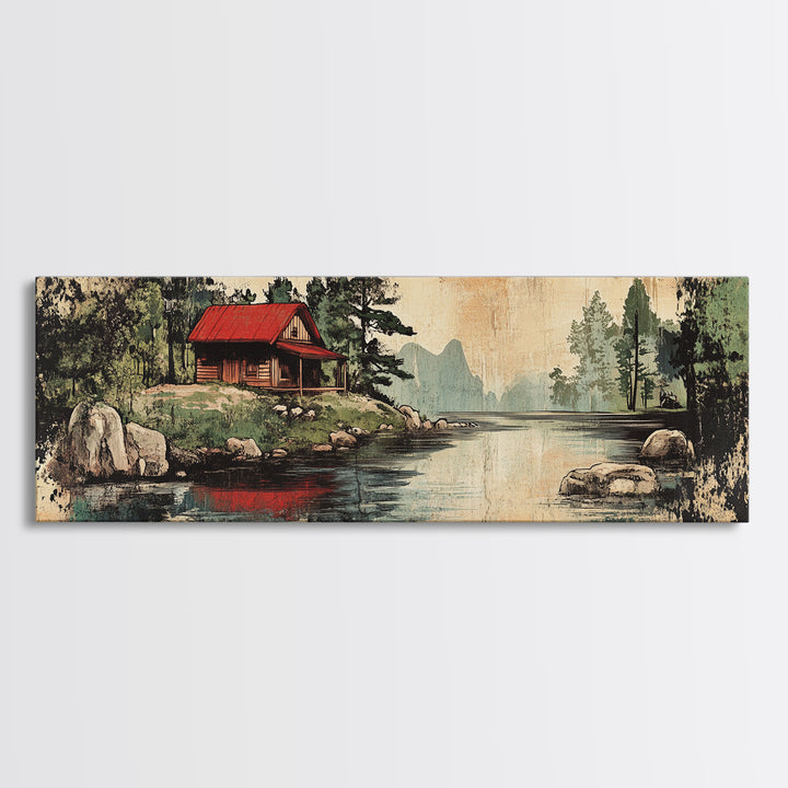 Rustic Red Roof Cabin Beside Forest Lake Framed Canvas Print, Mountain Landscape Wall Art, Cabin Decor, Housewarming Gift