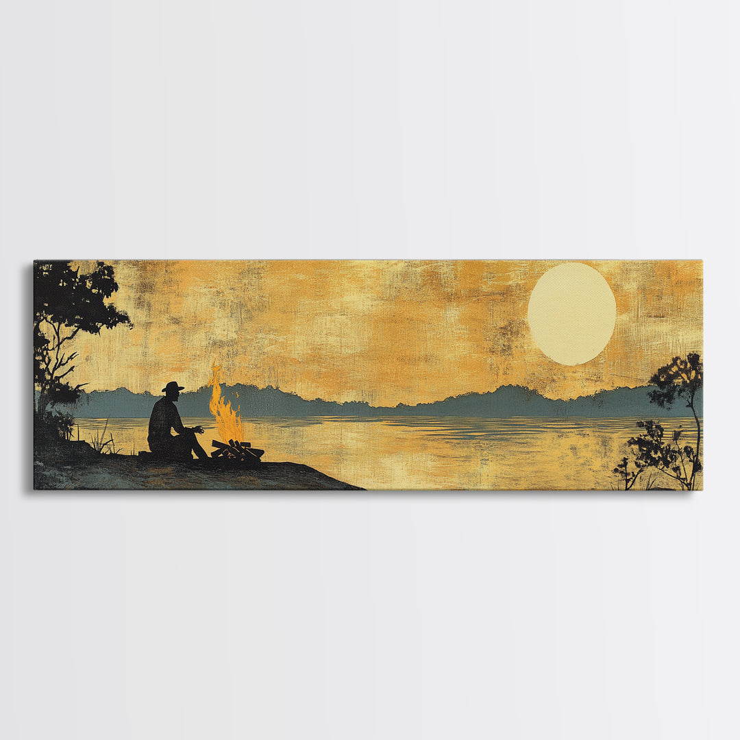 Lakeside Campfire Silhouette Under Golden Sunset Wall Art, Rustic Cabin Canvas Print, Nature Landscape, Lake House Decor, Gift For Him