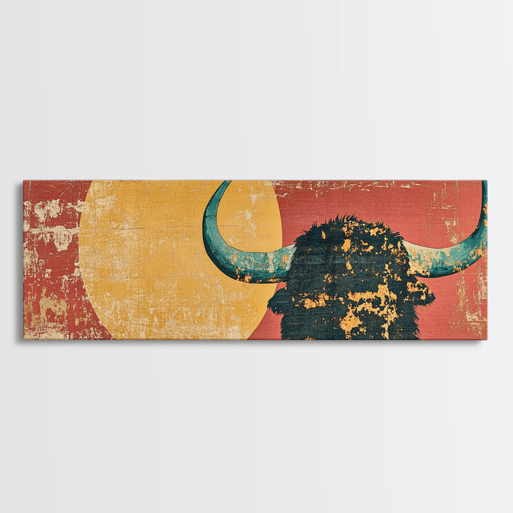 Bold Highland Cow Silhouette With Turquoise Horns Canvas Print, Western Wall Art, Rustic Home Decor, Southwestern Gift For Him