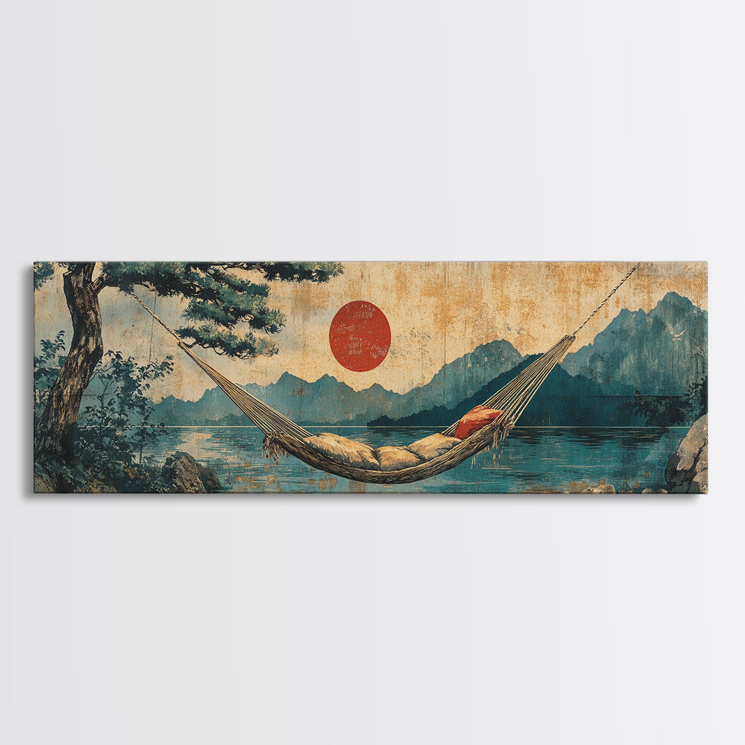 Mountain Lake Hammock Beneath Red Sun Wall Art, Japandi Landscape Canvas Print, Tranquil Zen Decor, Above Bed Art, Living Room Decor