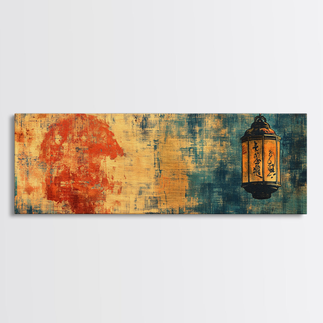 Red Sun And Hanging Lantern On Blue Textured Wall Art, Asian Inspired Canvas Print, Japanese Decor, Moody Abstract Art Print