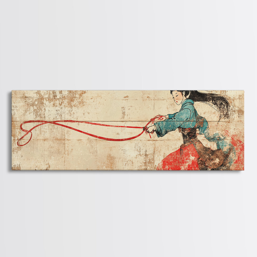 Asian Warrior Woman With Flowing Red Ribbon Canvas Print, Martial Arts Wall Art, Strong Female Art, Japanese Decor Gift For Her