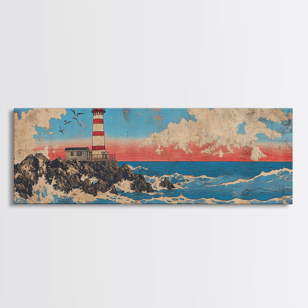 Striped Lighthouse On Rocky Shore With Ocean Waves Wall Art, Nautical Canvas Print, Coastal Decor, Beach House Gift, Seascape Art
