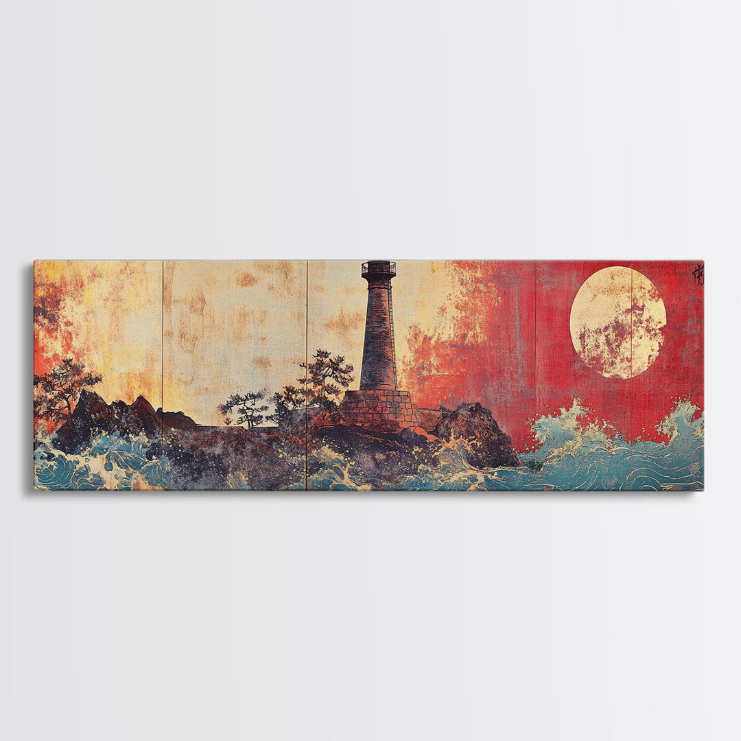 Japanese Lighthouse Seascape With Red Moon Wall Art, Coastal Nautical Canvas Print, Ocean Landscape Decor, Japandi Home Gift