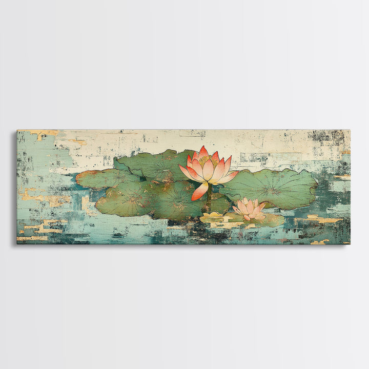 Lotus Pond Water Lily Wall Art, Asian Botanical Canvas Print, Japandi Zen Home Decor, Tranquil Nature Gift For Her, Living Room Decor