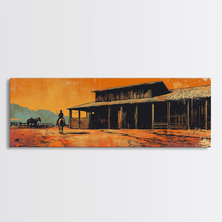 Western Cowboy Desert Saloon Wall Art, Rustic Canvas Print, Southwestern Ranch Decor, Orange Sunset Gift For Him, Man Cave Decor