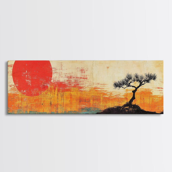 Lone Tree Red Sun Landscape Wall Art, Japandi Canvas Print, Minimalist Nature Decor, Orange Sunset Living Room Art, Above Sofa Decor