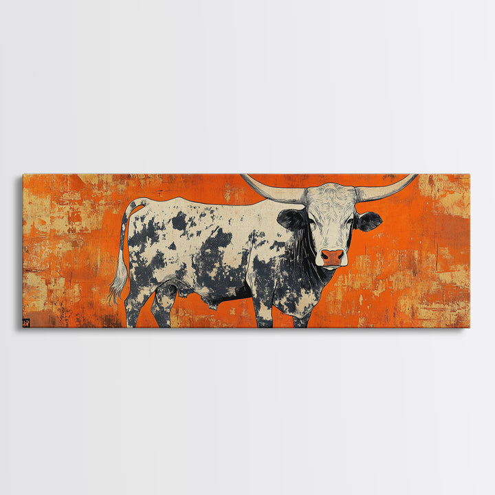 Texas Longhorn Cow On Orange Wall Art, Western Canvas Print, Rustic Ranch Decor, Southwestern Farmhouse Gift For Him, Man Cave Decor