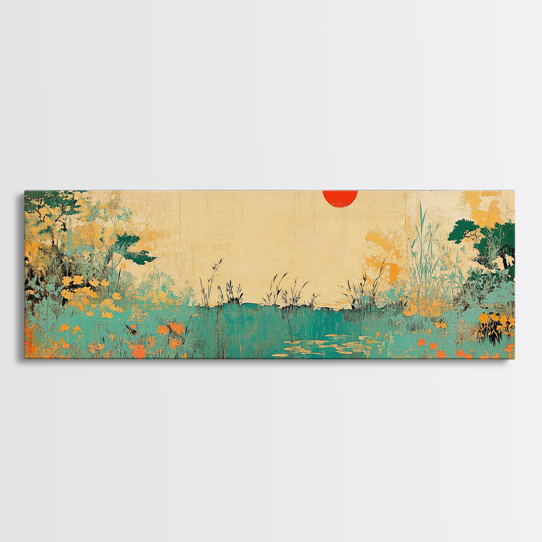 Red Sun Wildflower Marsh Landscape Wall Art, Japanese Inspired Panoramic Canvas, Nature Print, Japandi Living Room Decor