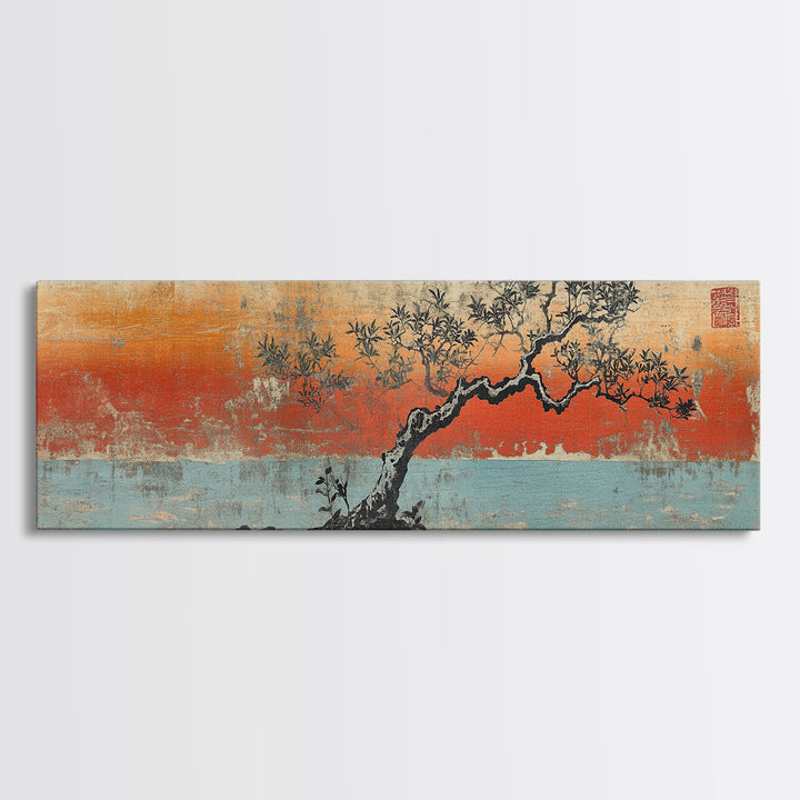 Windswept Pine Tree Sunset Canvas Print, Asian Inspired Coastal Landscape, Zen Wall Decor, Moody Living Room Art, Serene Home Decor