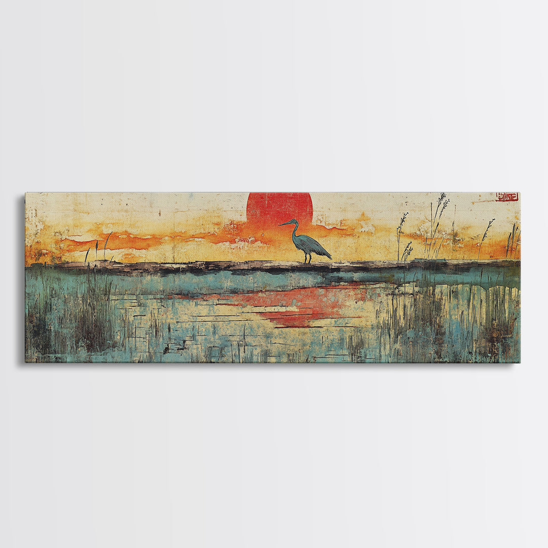 Blue Marsh Heron Red Sun Wall Art, Japanese Inspired Landscape Print, Coastal Wetlands Decor, Serene Bedroom Wall Decor Print