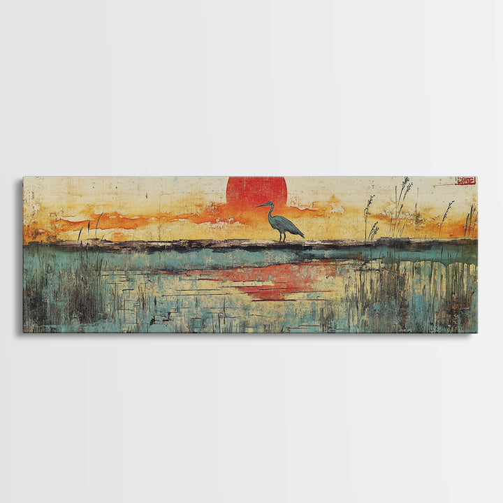 Blue Marsh Heron Red Sun Wall Art, Japanese Inspired Landscape Print, Coastal Wetlands Decor, Serene Bedroom Wall Decor Print