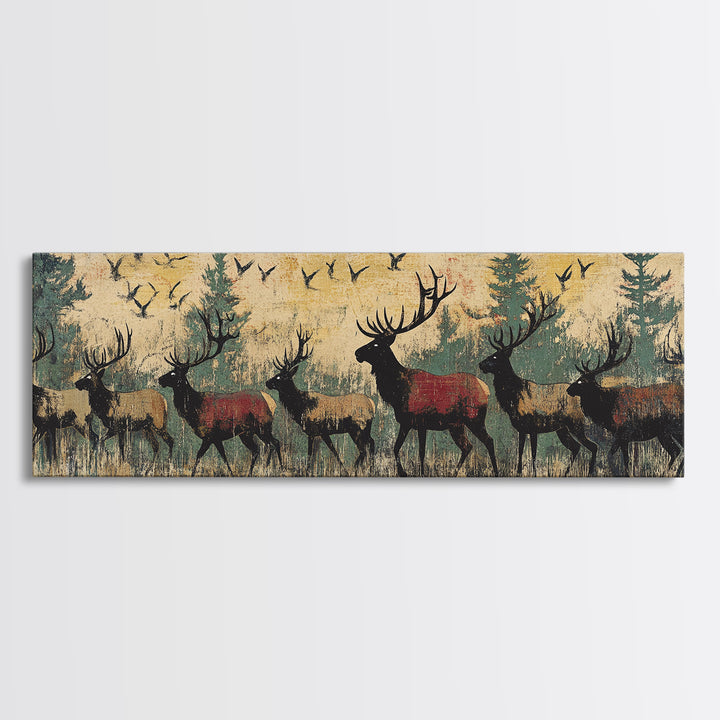Elk Herd Forest Wildlife Wall Art, Rustic Panoramic Canvas Print, Lodge Cabin Decor, Nature Lover Gift For Him, Living Room Wall Decor