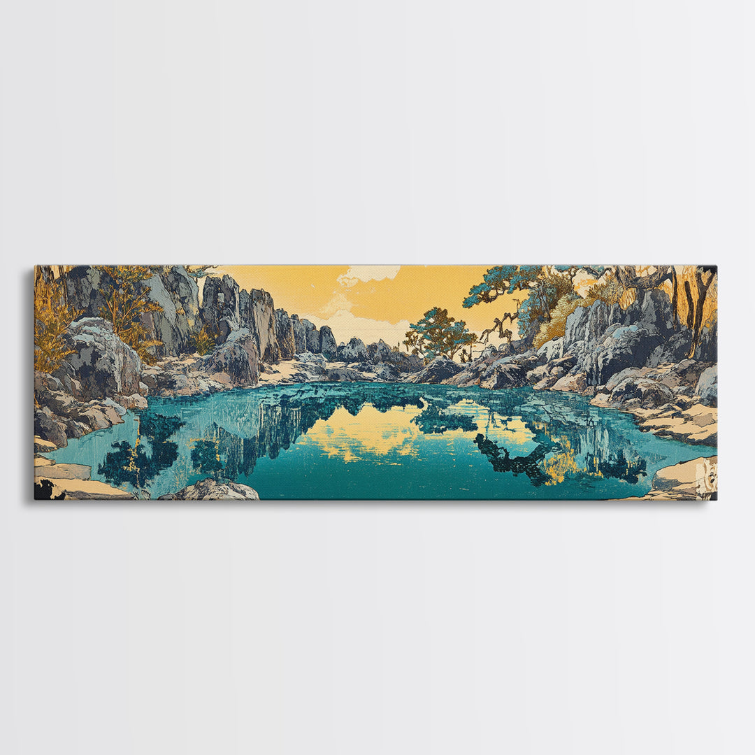 Turquoise Mountain Lake Canvas Print, Rocky Alpine Landscape Wall Art, Serene Nature Decor, Japandi Living Room Art Gift