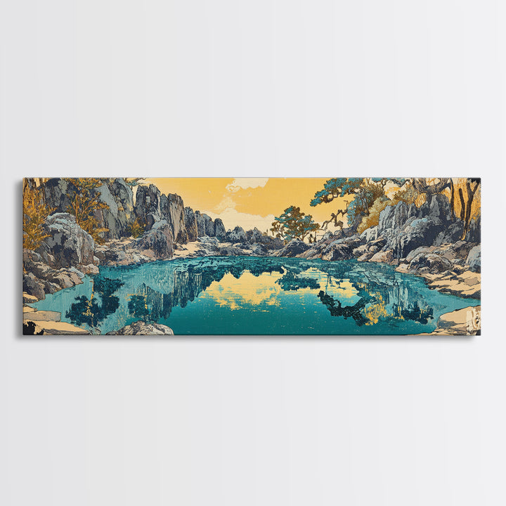 Turquoise Mountain Lake Canvas Print, Rocky Alpine Landscape Wall Art, Serene Nature Decor, Japandi Living Room Art Gift