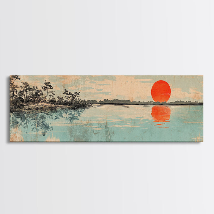 Red Sun Over Serene Teal Lake Wall Art, Japanese Landscape Print, Panoramic Canvas, Japandi Living Room Decor, Coastal Home Decor
