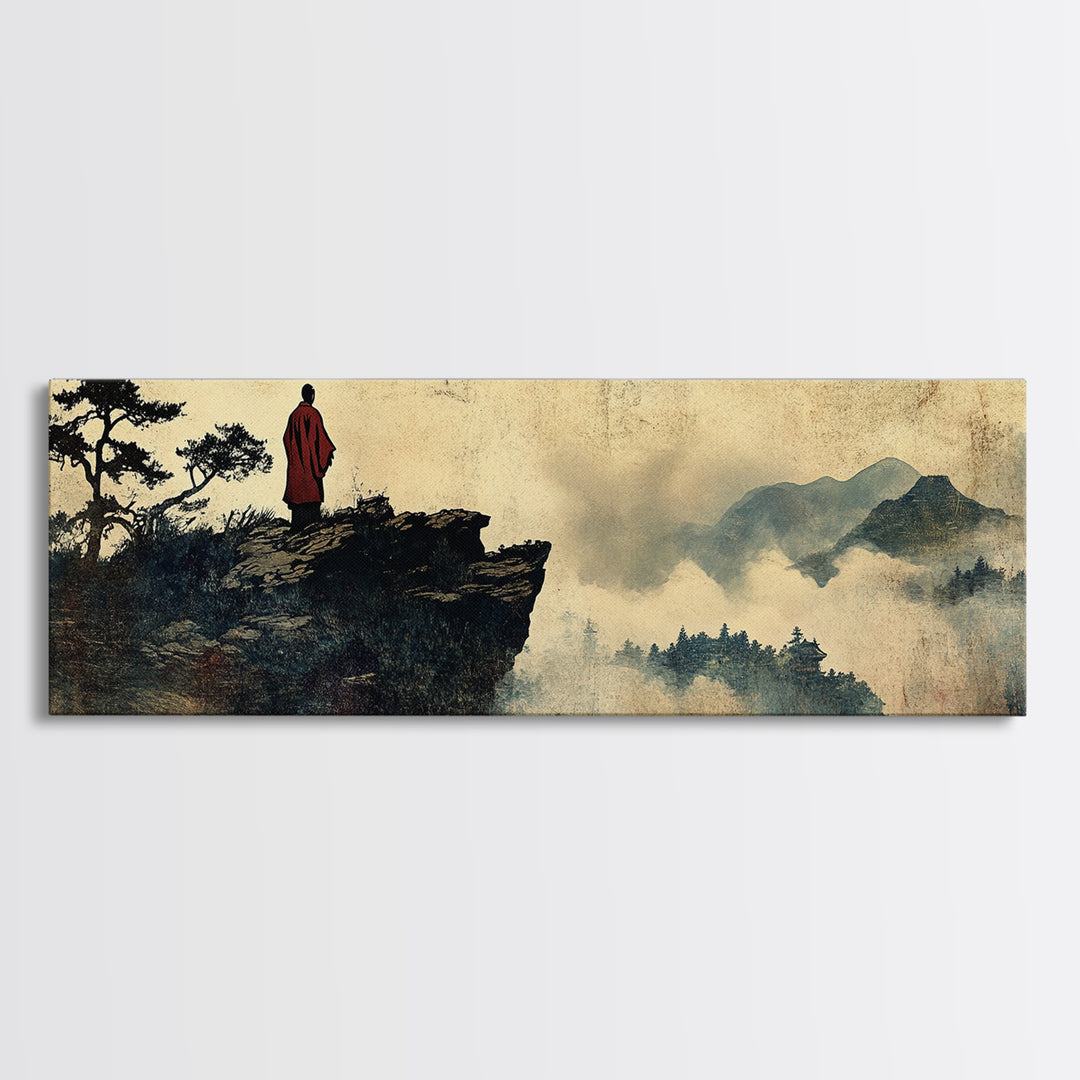 Solitary Monk On Misty Mountain Cliff Wall Art, Asian Landscape Print, Zen Meditation Decor, Japandi Office Wall Decor Art