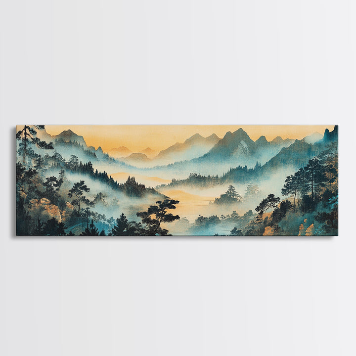 Misty Blue Mountain Valley Canvas Print, Asian Landscape Wall Art, Panoramic Nature Print, Japandi Living Room Decor, Housewarming Gift