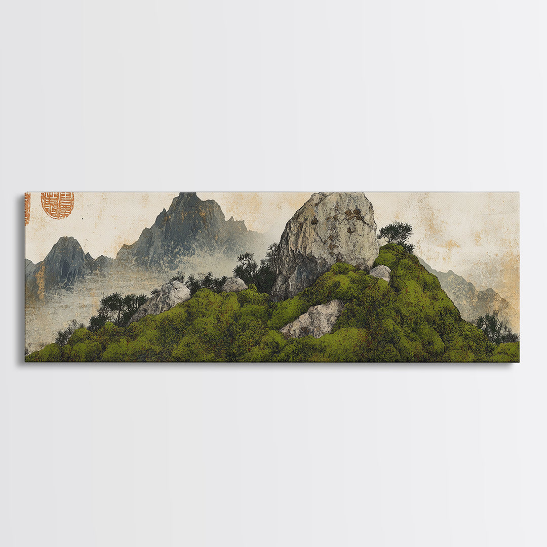 Green Moss Island With Ink Mountains Wall Art, Asian Landscape Print, Chinese Brush Style, Zen Home Decor, Office Wall Art
