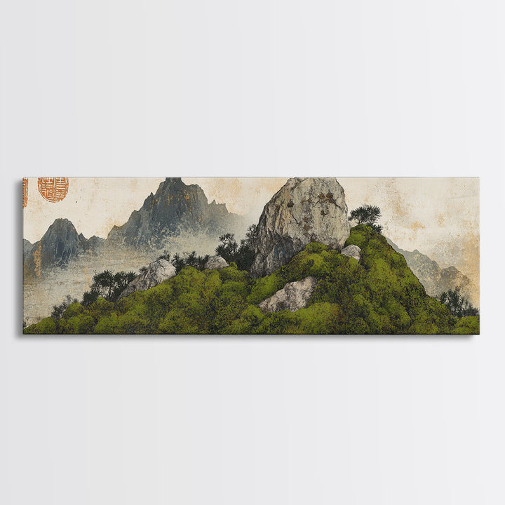 Green Moss Island With Ink Mountains Wall Art, Asian Landscape Print, Chinese Brush Style, Zen Home Decor, Office Wall Art