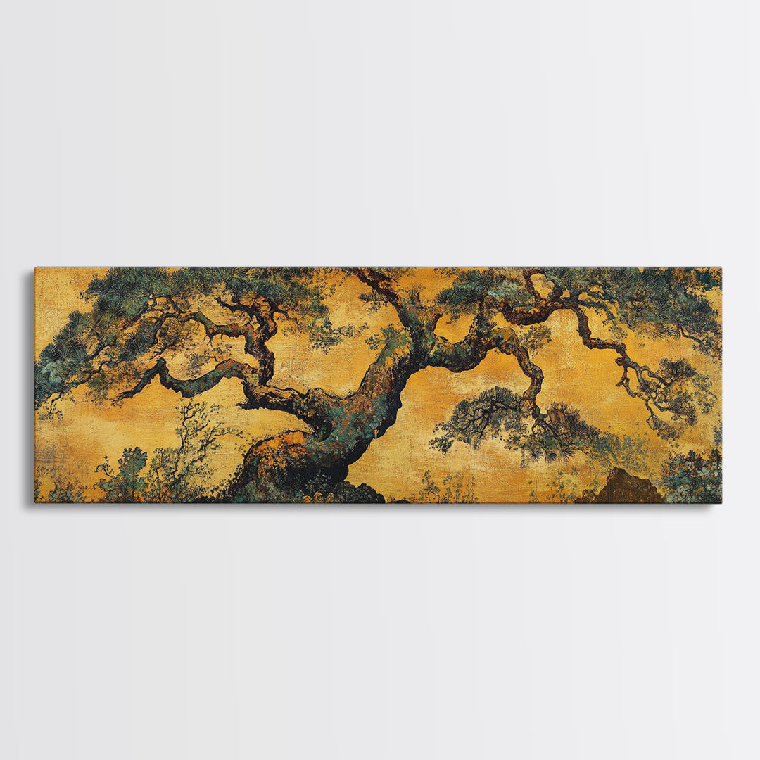 Ancient Pine Tree In Golden Forest Wall Art, Rustic Asian Landscape Print, Nature Inspired Art, Japandi Home Decor Gift For Her