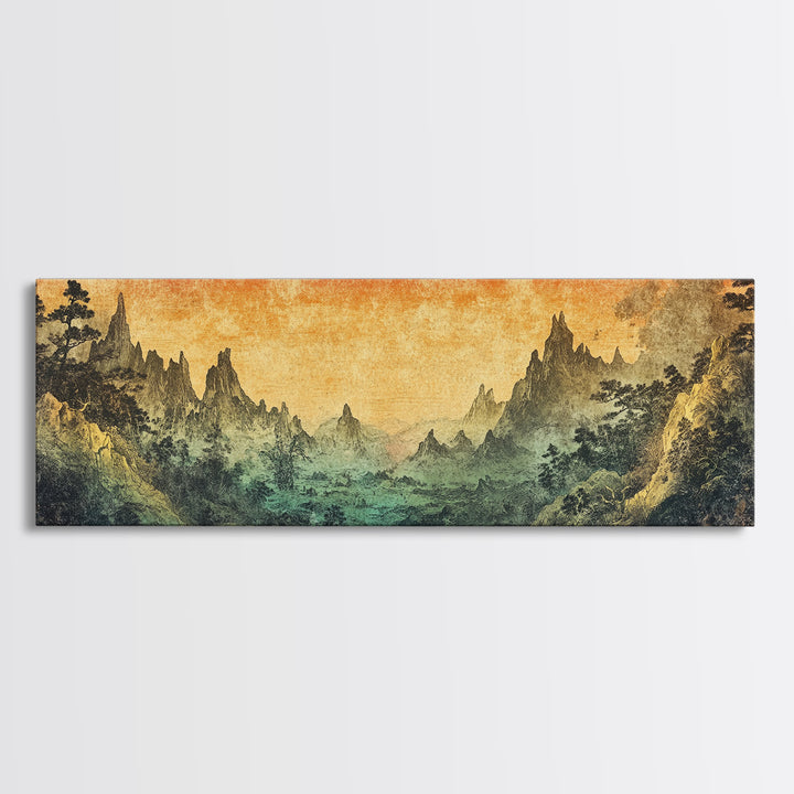 Mystical Mountain Valley At Sunset Canvas Print, Asian Landscape Wall Art, Moody Nature Decor, Panoramic Living Room Art