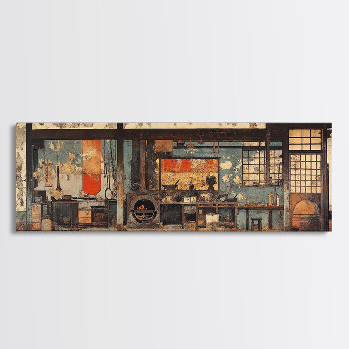 Rustic Japanese Tea House Interior Wall Art, Zen Kitchen Decor Print, Wabi Sabi Home Decor, Framed Canvas Print, Japandi Living Room Decor