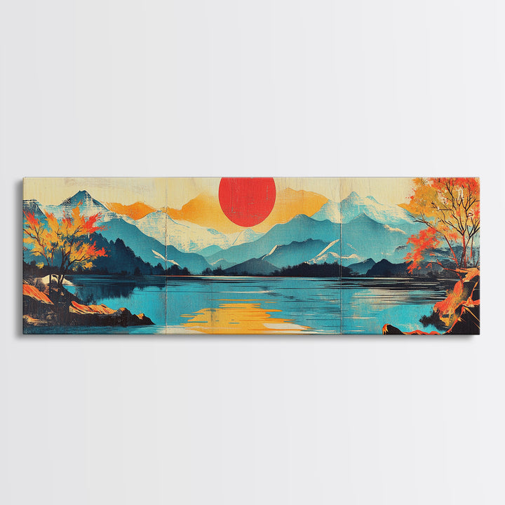 Red Sun Over Mountain Lake Framed Canvas Print, Japanese Landscape Wall Art, Autumn Nature Decor, Large Panoramic Print, Housewarming Gift