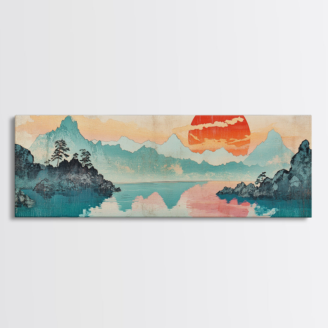 Coral Sun Over Teal Mountain Lake Wall Art, Japanese Landscape Print, Coastal Japandi Decor, Serene Bedroom Wall Art Print