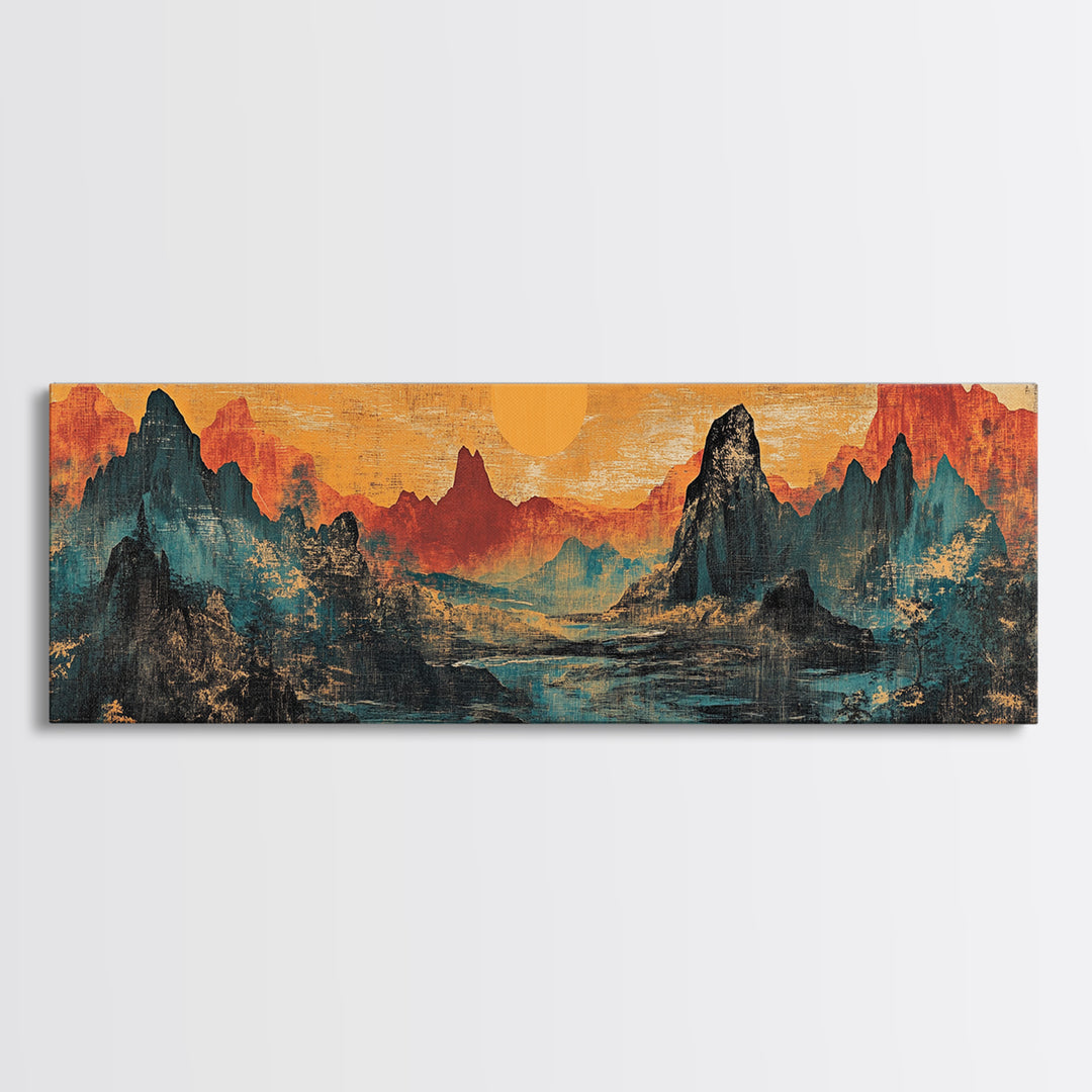 Orange Sun Over Dramatic Mountain Range Canvas Print, Asian Landscape Wall Art, Rustic Desert Decor, Statement Wall Art For Office Decor