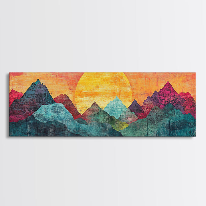 Geometric Mountain Sunrise With Teal And Magenta Peaks Wall Art, Mid Century Modern Canvas Print, Colorful Landscape Decor