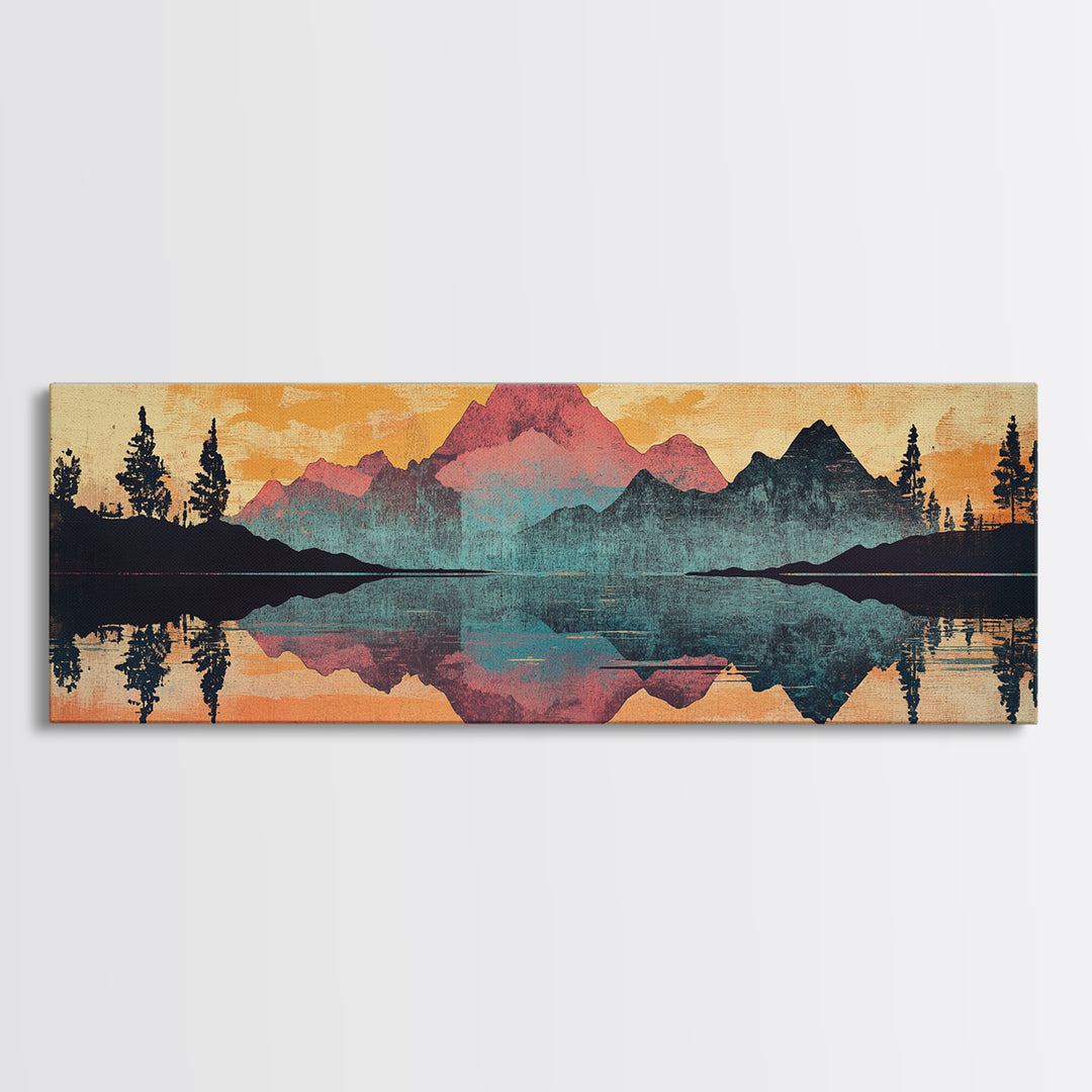 Mountain Lake Reflection With Pine Forest Sunset Wall Art, Framed Canvas Print, Nature Landscape, Rustic Cabin Decor, Lake House