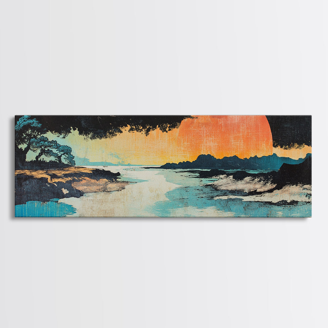 Serene Coastal Sunset With Lone Tree And Blue Shore Wall Art, Japanese Canvas Print, Zen Landscape, Beach House Decor, Spa Decor