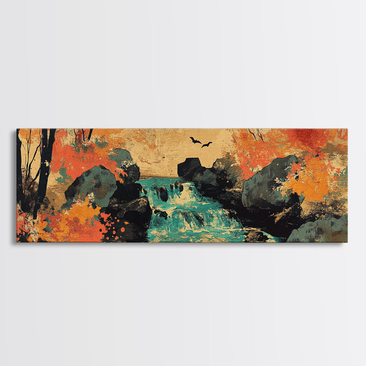 Autumn Forest Stream With Waterfall And Birds Wall Art, Framed Canvas Print, Rustic Landscape Art, Cozy Cabin Decor, Nature