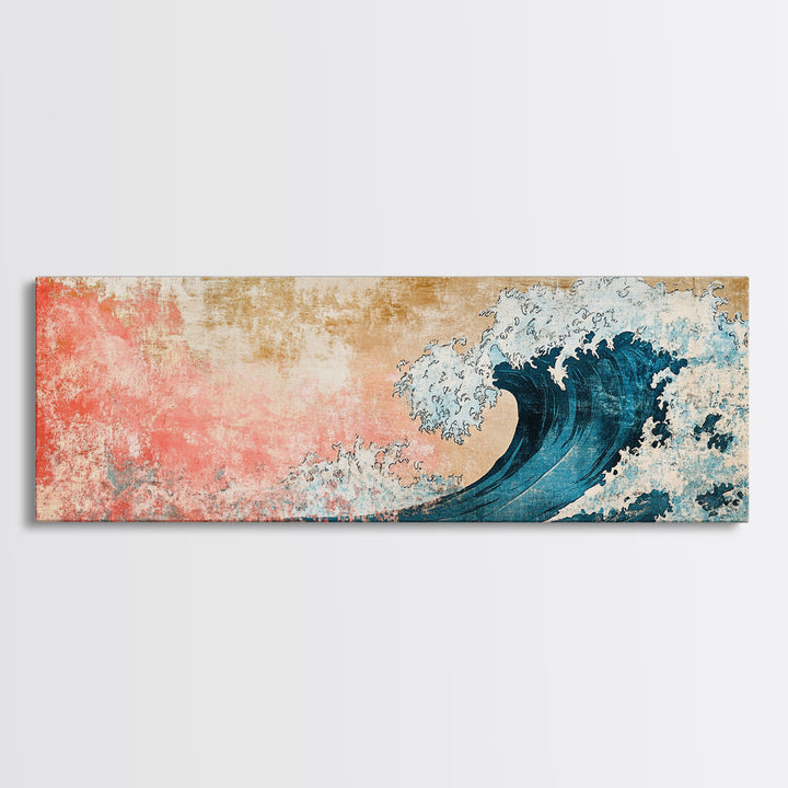 Crashing Blue Wave With Pink Coral Sky Wall Art, Framed Canvas Print, Coastal Seascape, Ocean Wall Decor, Beach House Decor