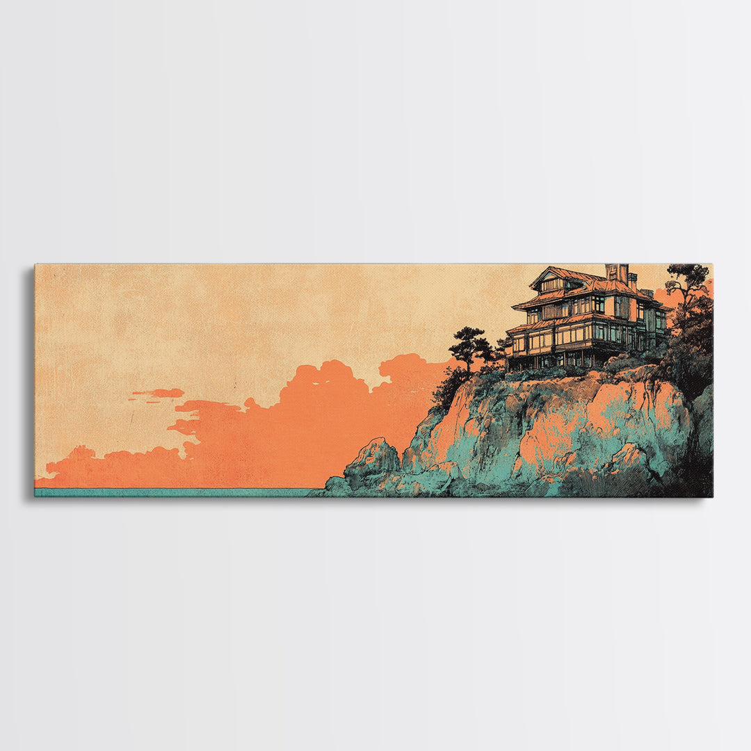 Japanese Cliffside House At Sunset Wall Art, Panoramic Canvas Print, Coastal Decor, Asian Inspired Living Room Decor Art Print